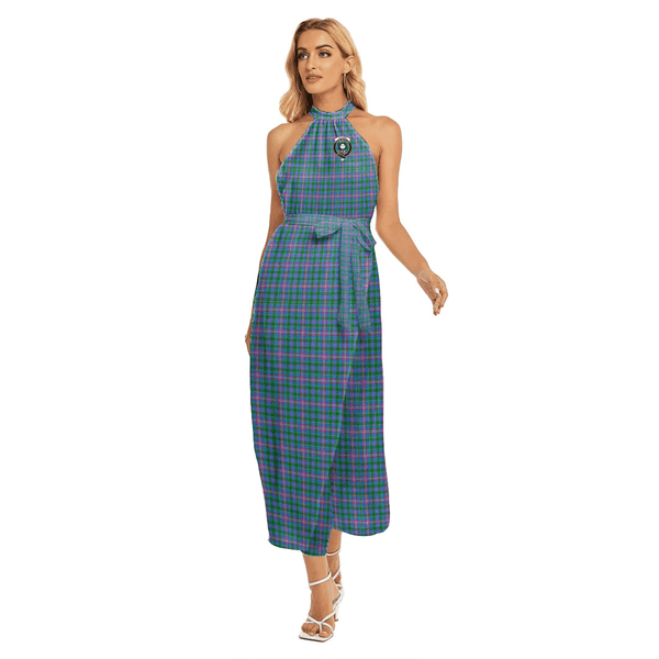 Pitcairn Hunting Tartan Crest Wrap Hem Belted Halter Dress