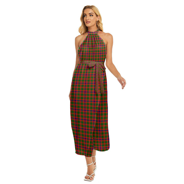 Skene Modern Tartan Plaid Wrap Hem Belted Halter Dress