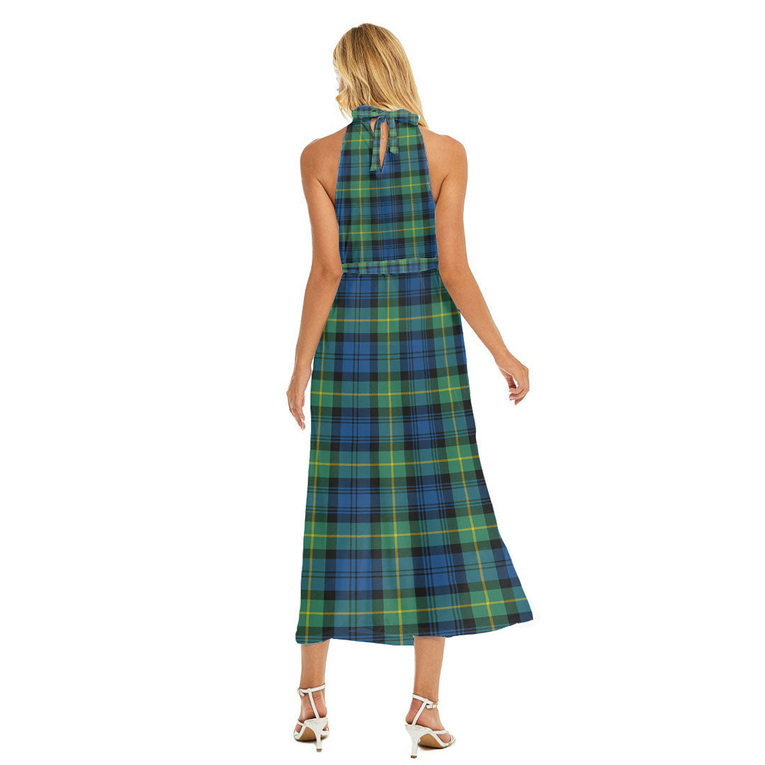 Gordon Ancient Tartan Plaid Wrap Hem Belted Halter Dress