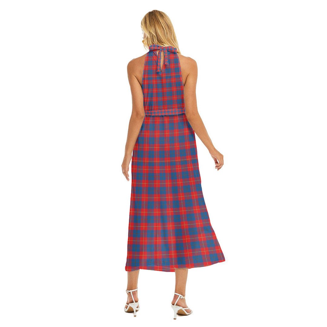 Galloway Red Tartan Crest Wrap Hem Belted Halter Dress