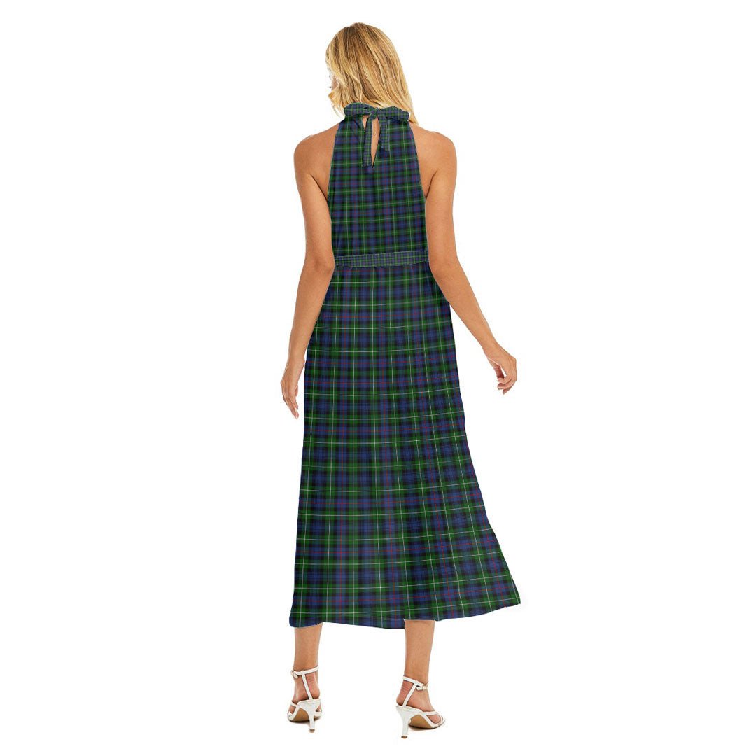 MacKenzie Modern Tartan Crest Wrap Hem Belted Halter Dress