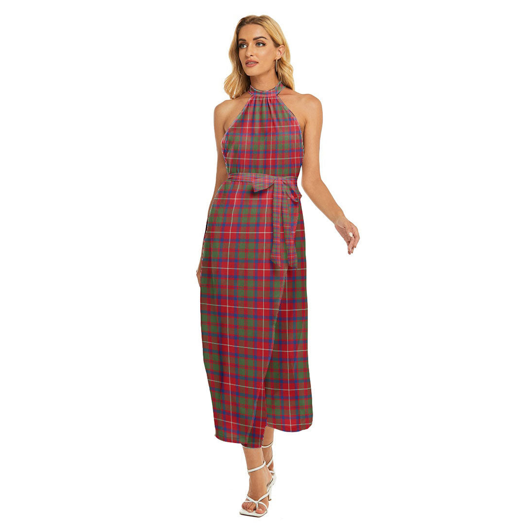 Shaw Red Modern Tartan Plaid Wrap Hem Belted Halter Dress