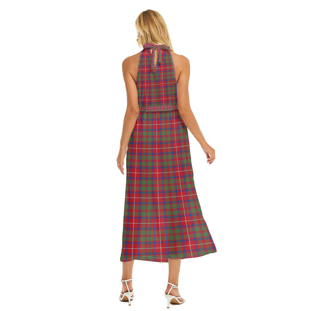 Shaw Red Modern Tartan Plaid Wrap Hem Belted Halter Dress