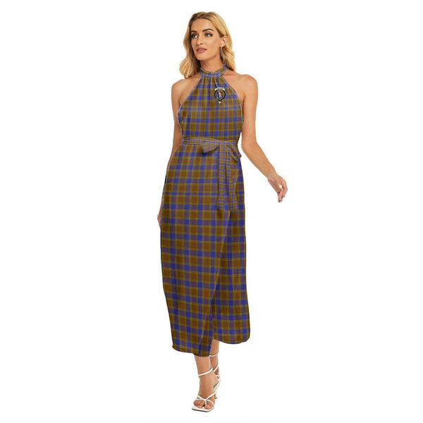 Balfour Modern Tartan Crest Wrap Hem Belted Halter Dress