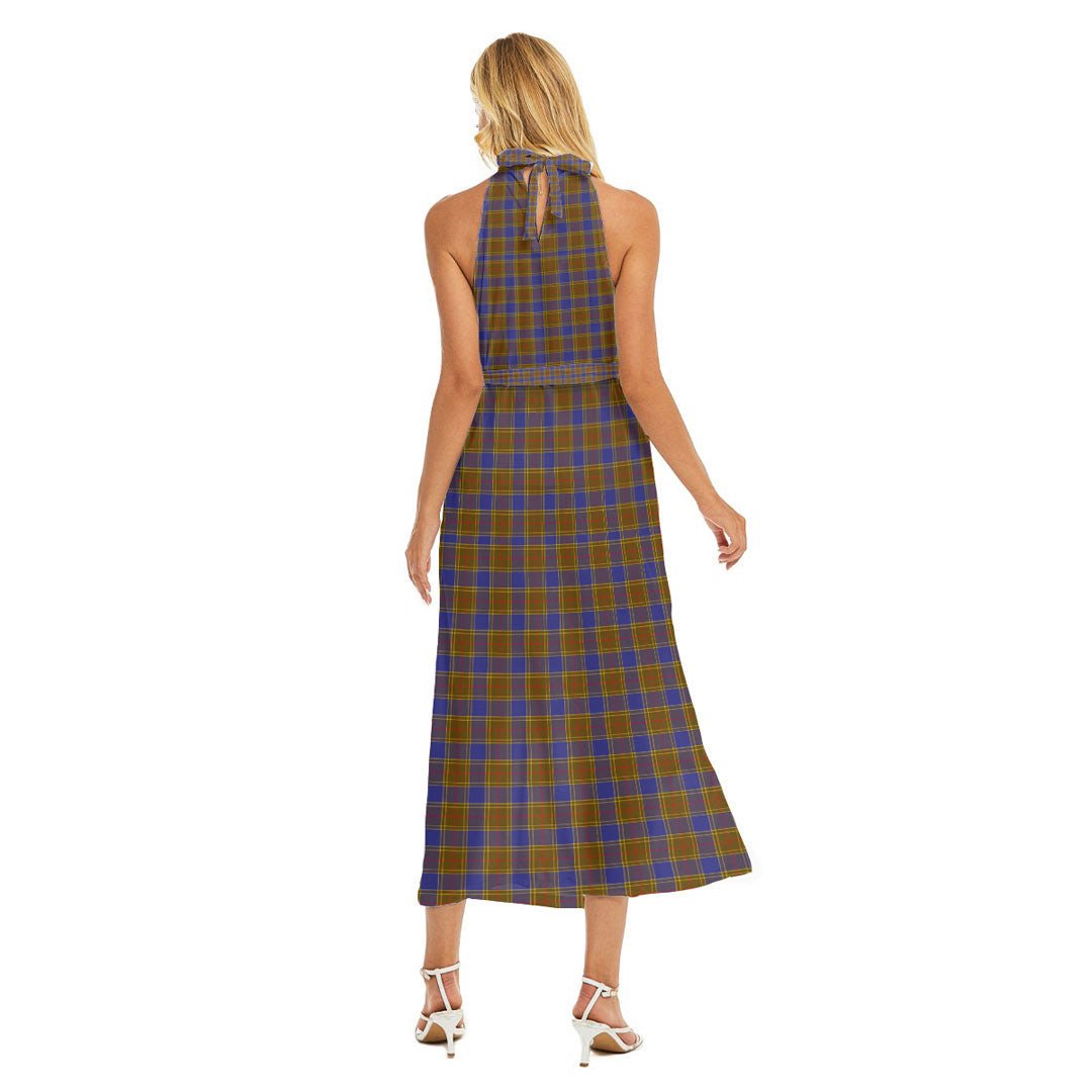 Balfour Modern Tartan Crest Wrap Hem Belted Halter Dress