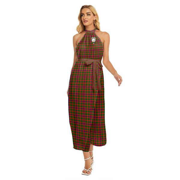 Skene Modern Tartan Crest Wrap Hem Belted Halter Dress