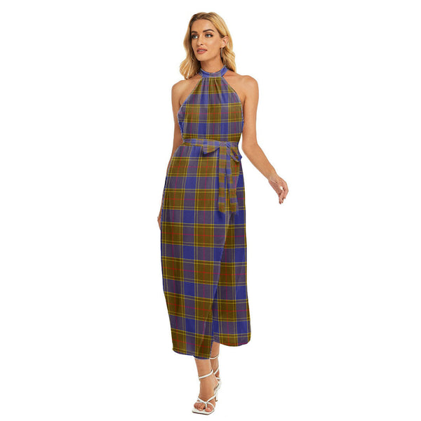 Balfour Modern Tartan Plaid Wrap Hem Belted Halter Dress