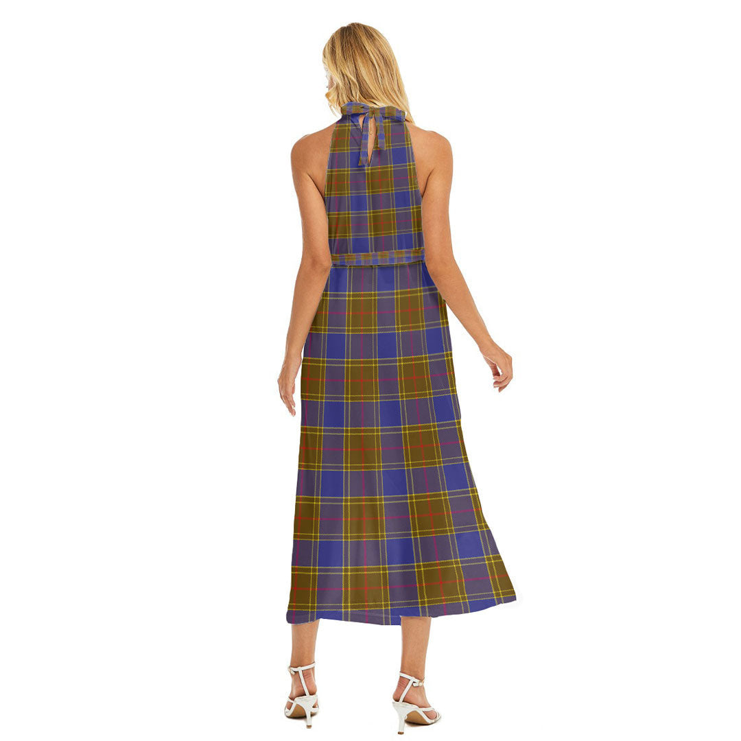 Balfour Modern Tartan Plaid Wrap Hem Belted Halter Dress