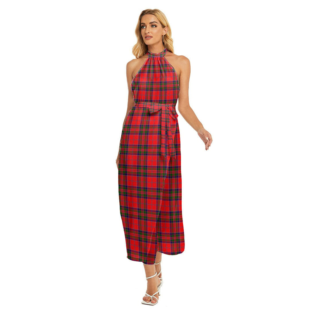 MacGillivray Modern Tartan Plaid Wrap Hem Belted Halter Dress