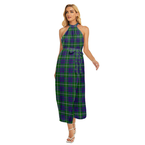 MacIntyre Hunting Modern Tartan Plaid Wrap Hem Belted Halter Dress