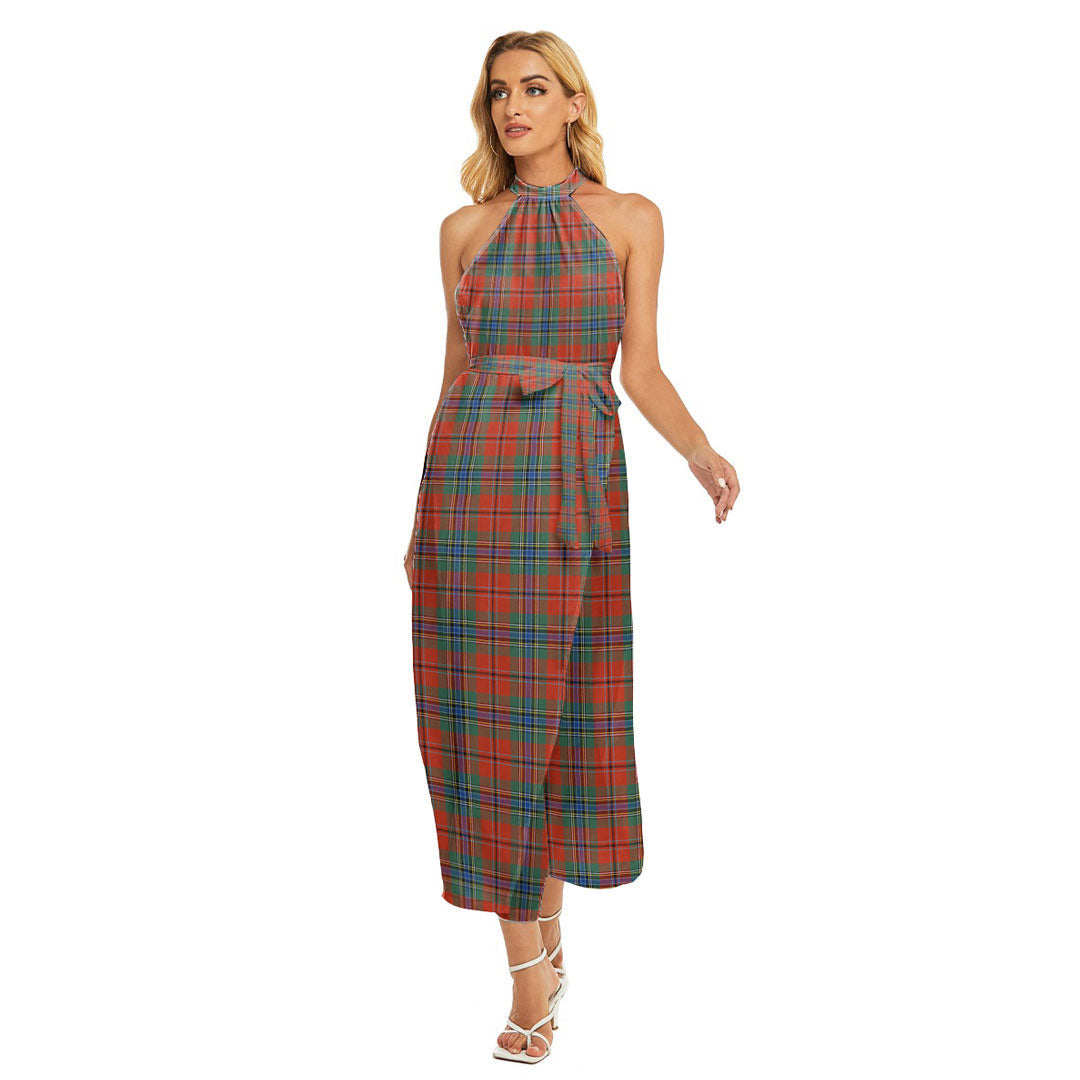 MacLean of Duart Ancient Tartan Plaid Wrap Hem Belted Halter Dress