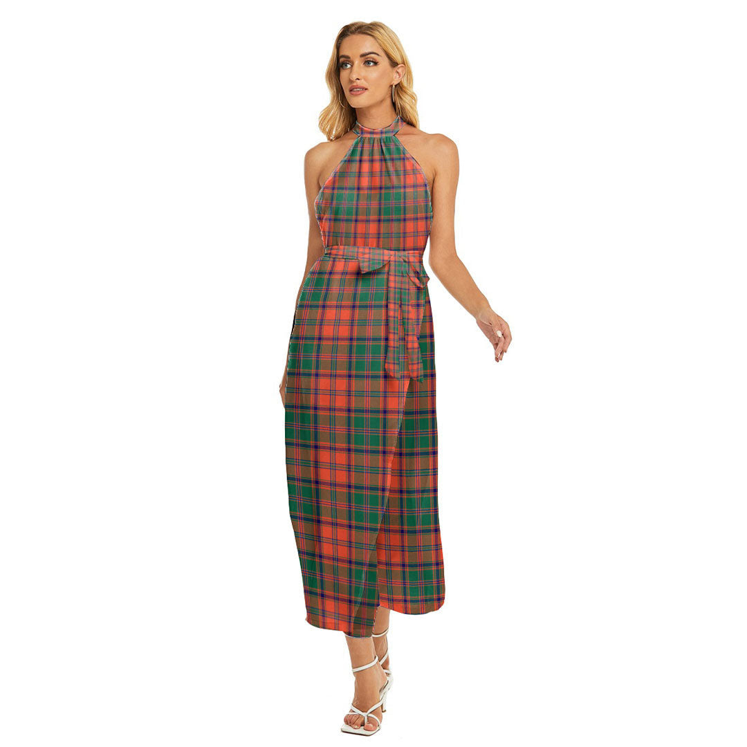 Stewart of Appin Ancient Tartan Plaid Wrap Hem Belted Halter Dress