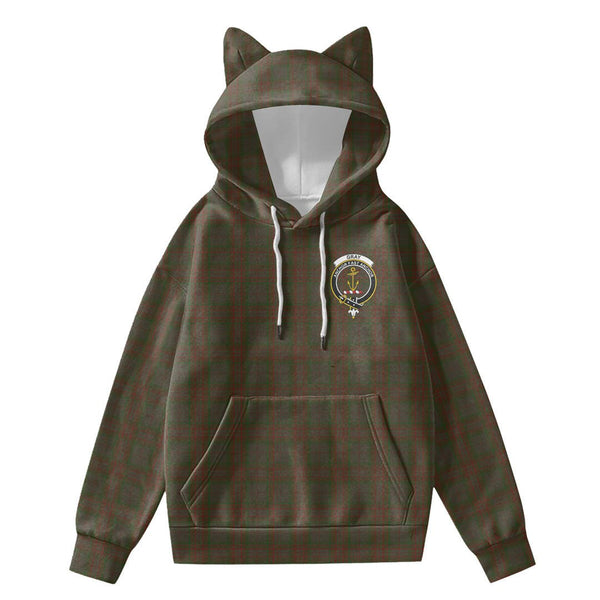 Gray Tartan Crest Hoodie Decorative Ears