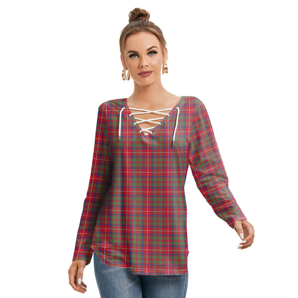 Shaw Red Modern Tartan Plaid Long Sleeve Neckline Tie Sweatshirt