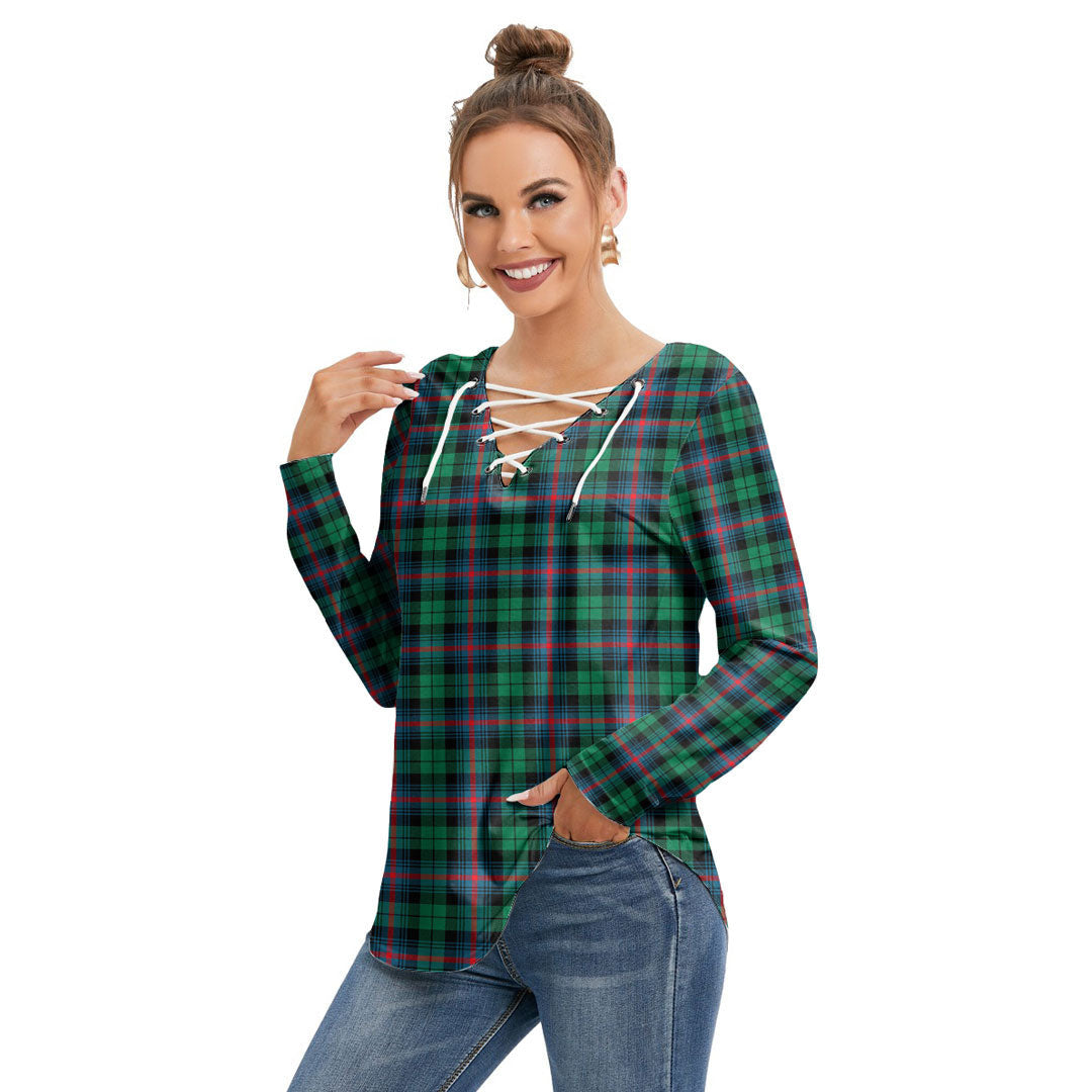 Urquhart Broad Red Ancient Tartan Plaid Long Sleeve Neckline Tie Sweatshirt