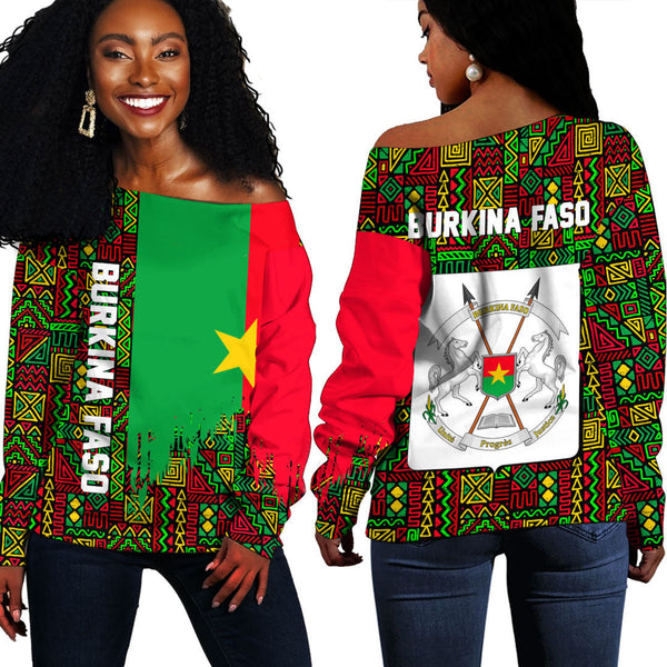 Burkina Faso Kente Pattern Off Shoulder Sweatshirt