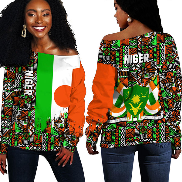 Niger Kente Pattern Off Shoulder Sweatshirt