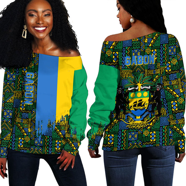 Gabon Kente Pattern Off Shoulder Sweatshirt