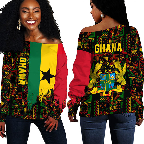 Ghana Kente Pattern Off Shoulder Sweatshirt