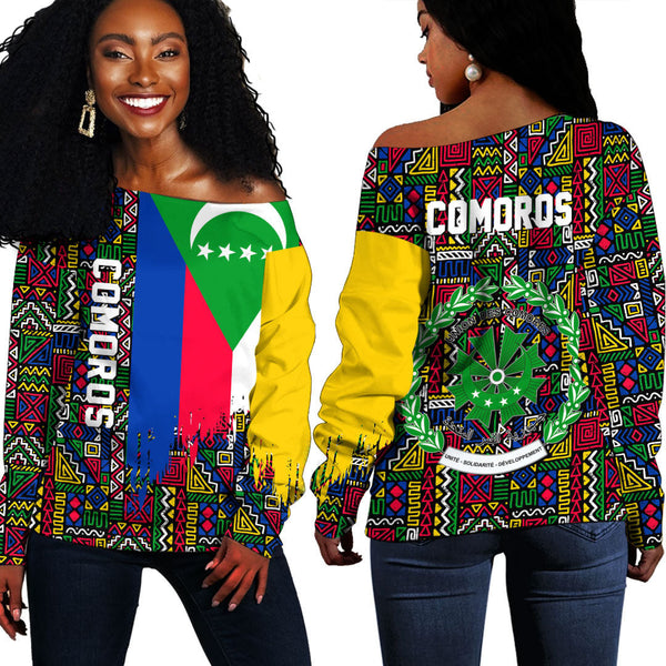 Comoros Kente Pattern Off Shoulder Sweatshirt