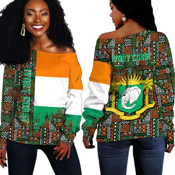 Ivory Coast Kente Pattern Off Shoulder Sweatshirt