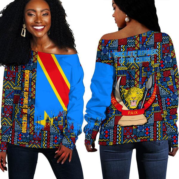 Democratic Republic of the Congo Kente Pattern Off Shoulder Sweatshirt