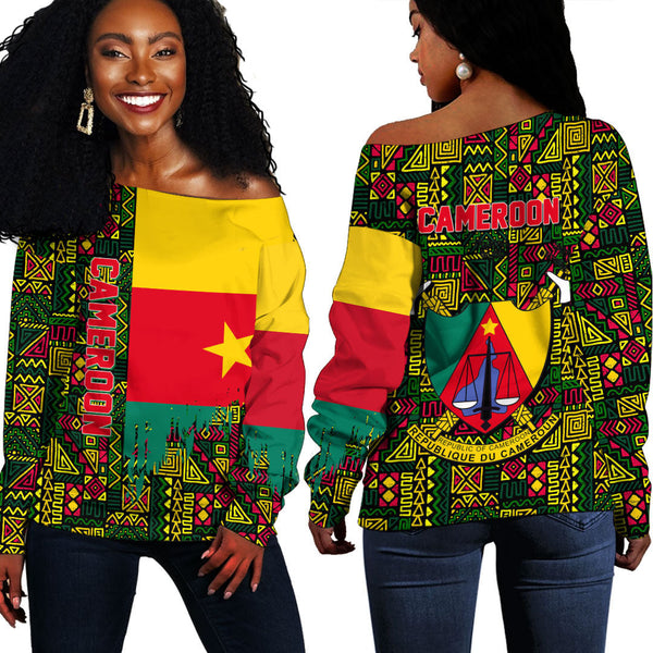 Cameroon Kente Pattern Off Shoulder Sweatshirt