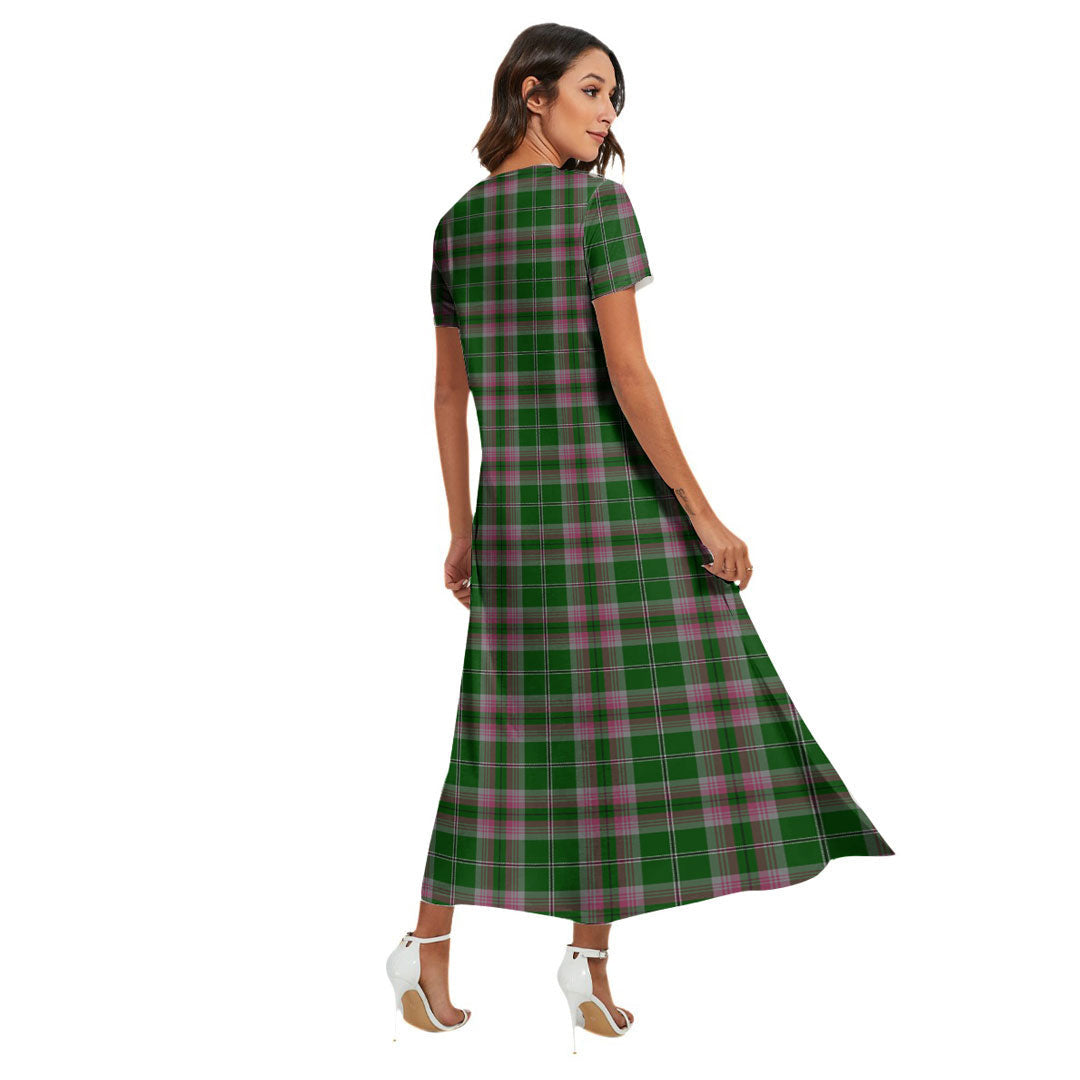 Gray Hunting Tartan Crest V-neck Dress Side Slit