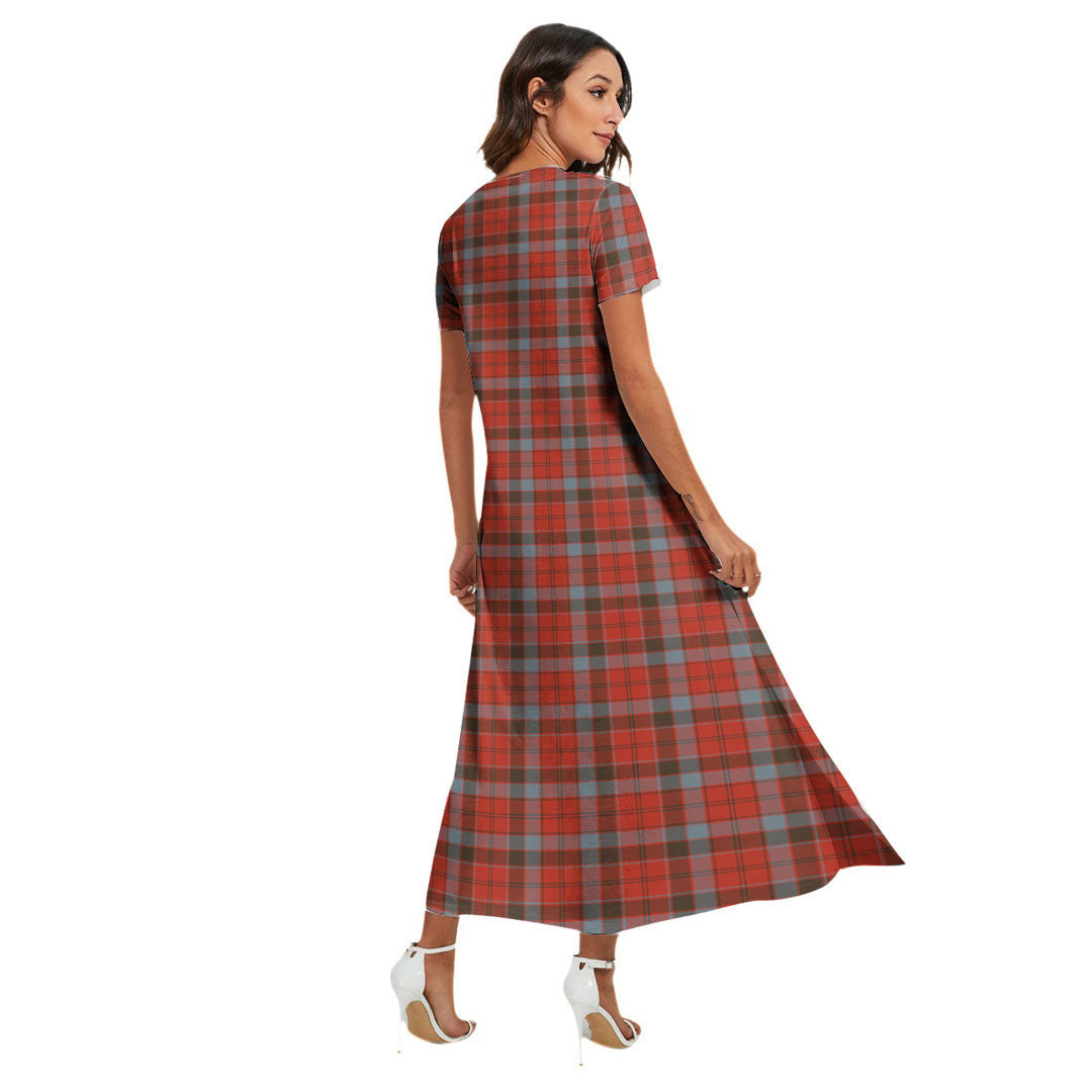 Robertson Weathered Tartan Crest V-neck Dress Side Slit