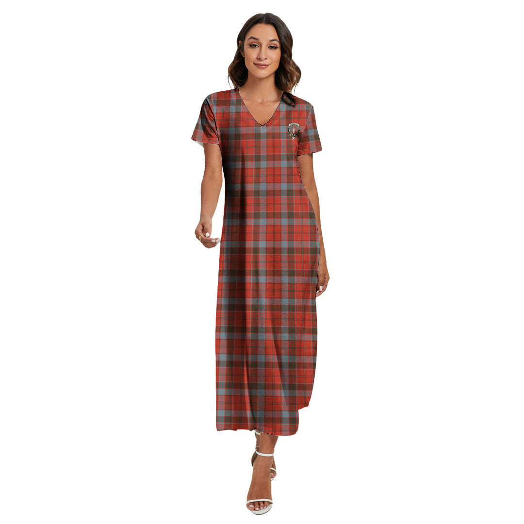 Robertson Weathered Tartan Crest V-neck Dress Side Slit