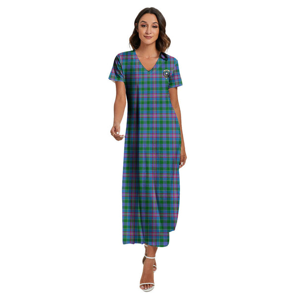 Pitcairn Hunting Tartan Crest V-neck Dress Side Slit