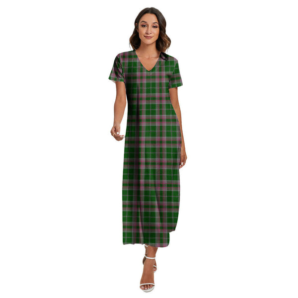 Gray Hunting Tartan Plaid V-neck Dress Side Slit