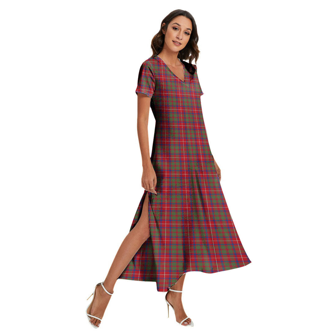 Shaw Red Modern Tartan Plaid V-neck Dress Side Slit