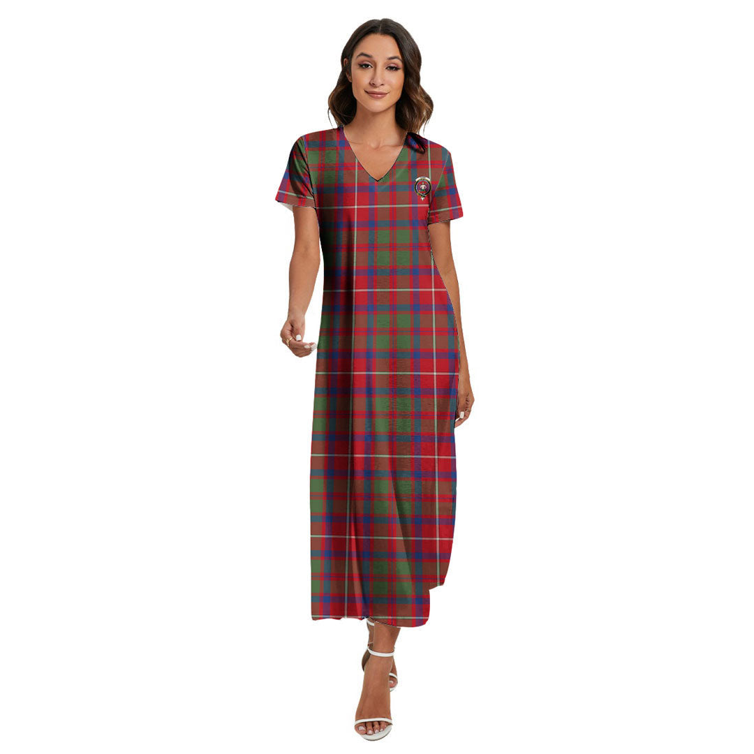 Shaw Red Modern Tartan Crest V-neck Dress Side Slit