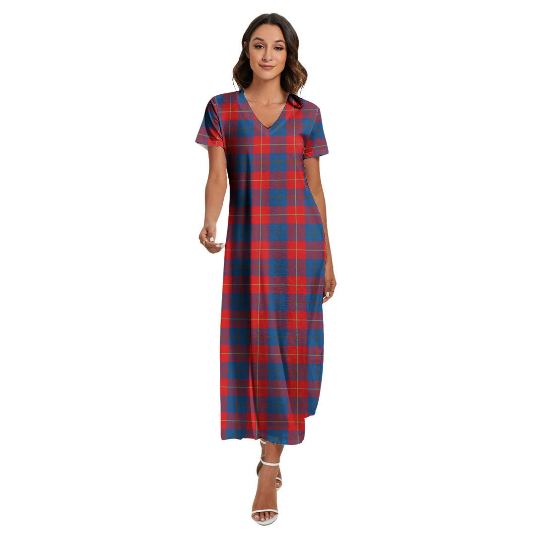 Galloway Red Tartan Plaid V-neck Dress Side Slit