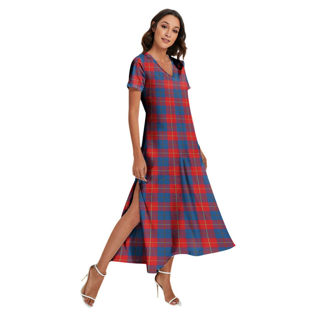 Galloway Red Tartan Plaid V-neck Dress Side Slit