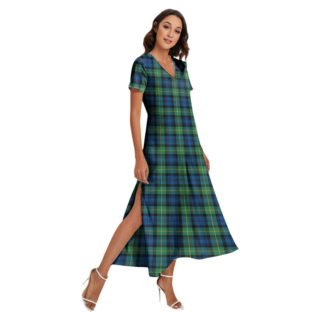 Gordon Ancient Tartan Plaid V-neck Dress Side Slit