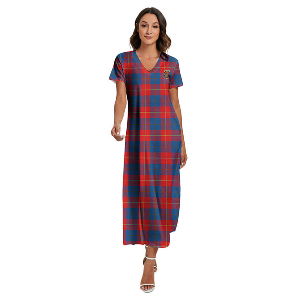 Galloway Red Tartan Crest V-neck Dress Side Slit