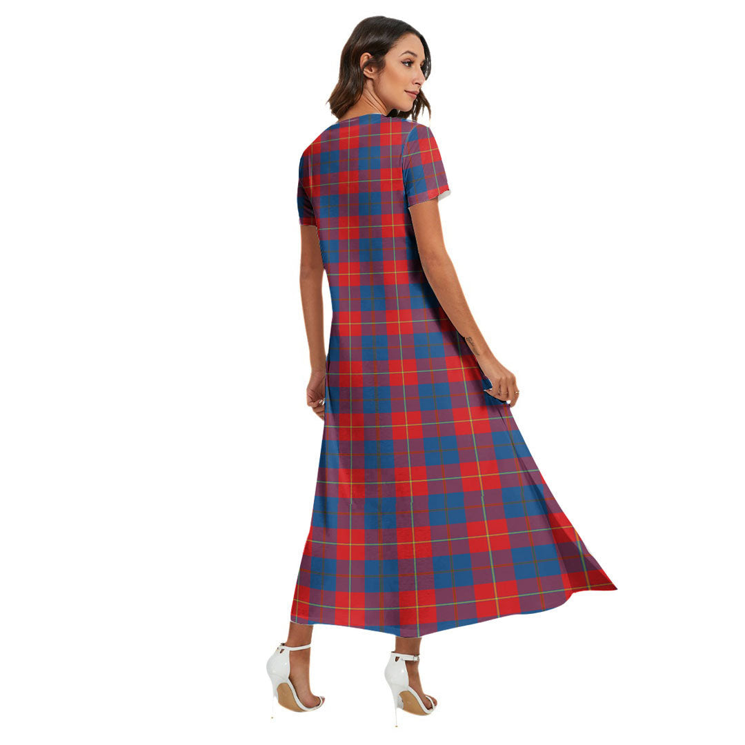 Galloway Red Tartan Crest V-neck Dress Side Slit