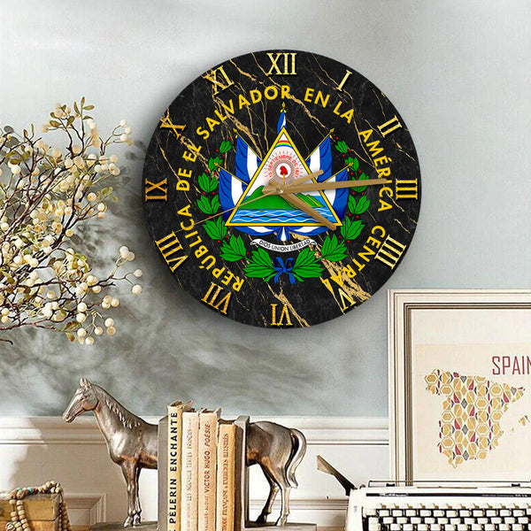 El Salvador Wooden Clock Black & Gold Marble