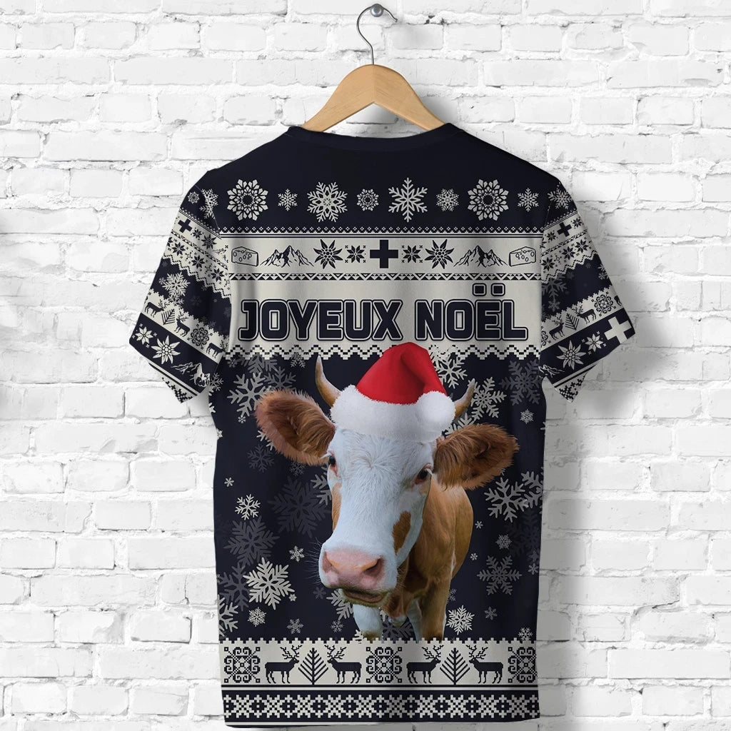 Switzerland Christmas T Shirt Swiss Cow Navy