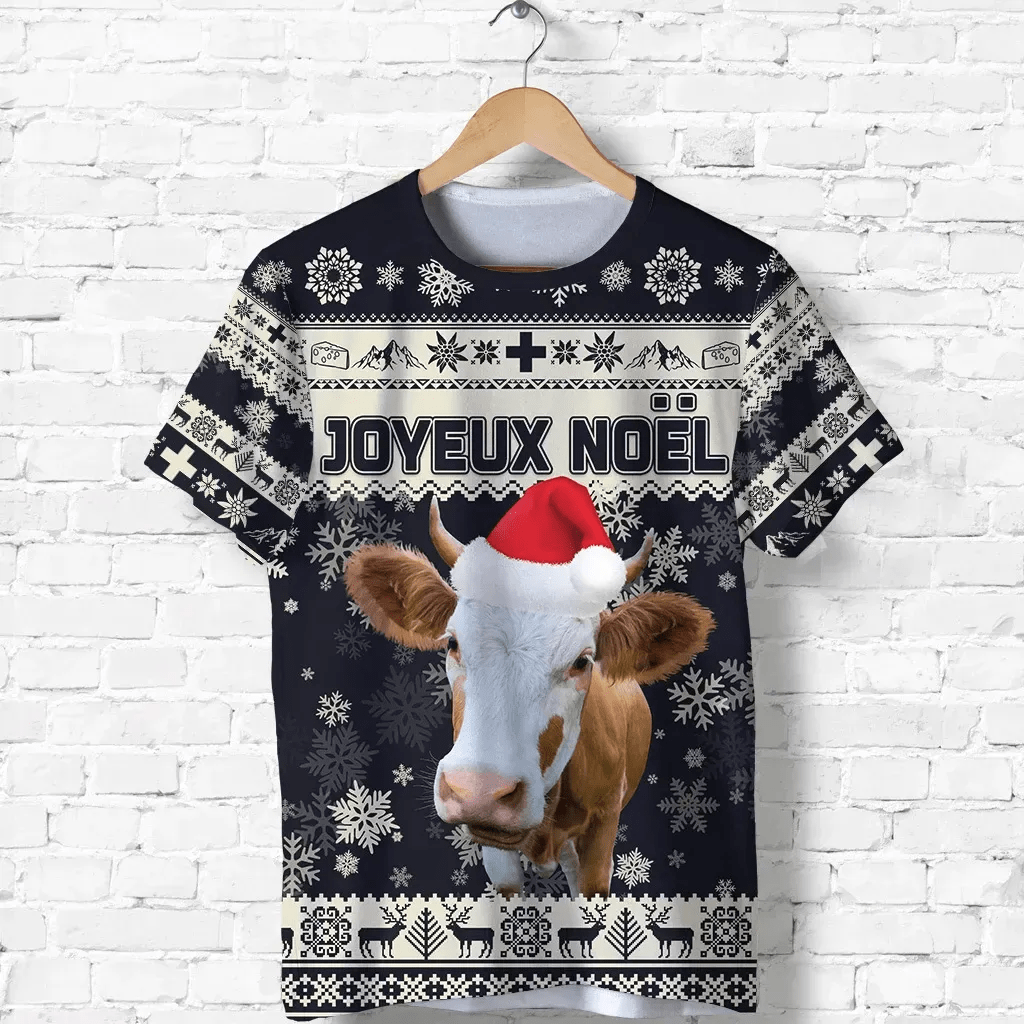 Switzerland Christmas T Shirt Swiss Cow Navy