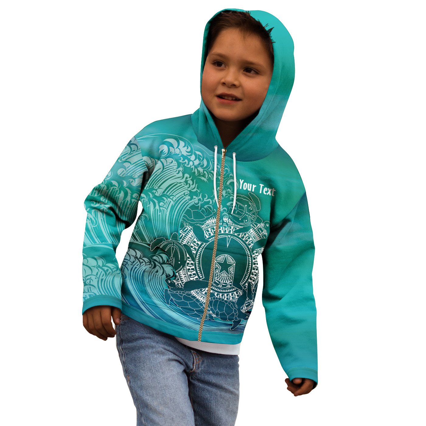 (Custom) Aboriginal Kid Zip Hoodie - Torres Strait Islands in Wave