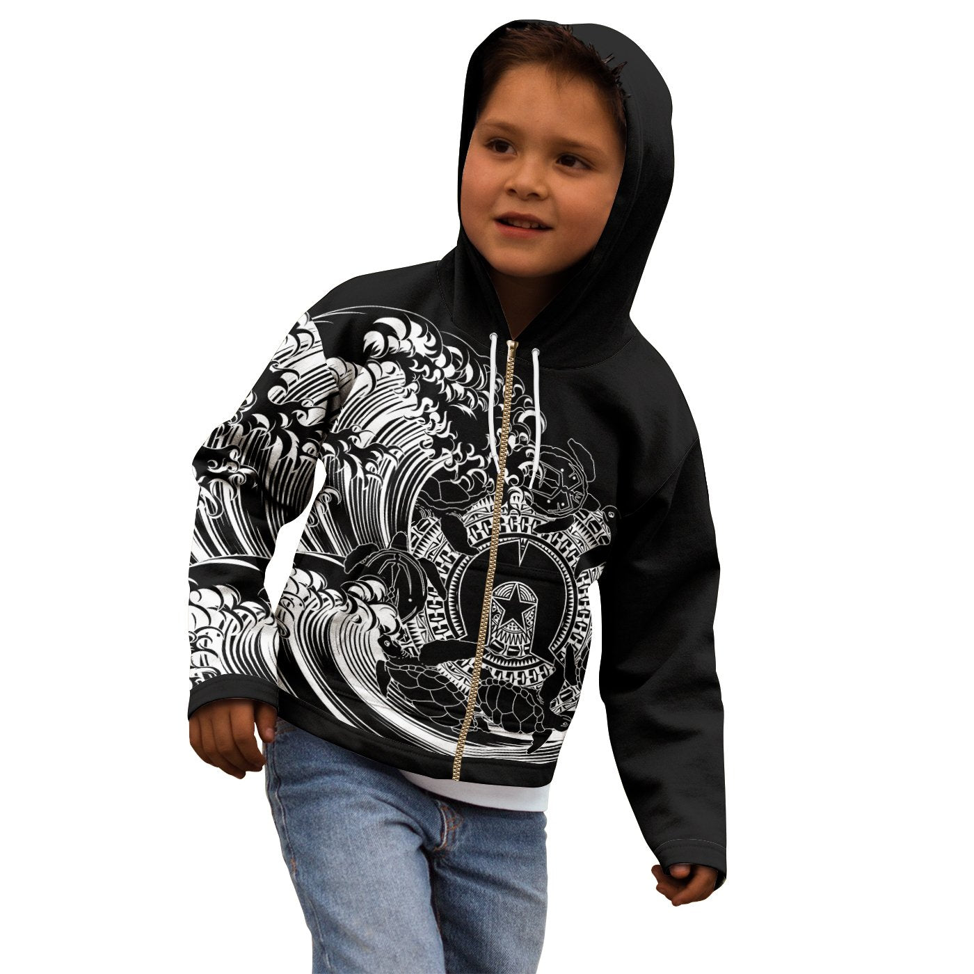 Aboriginal Kid Zip Hoodie - Torres Strait Islands in Wave (Black) 