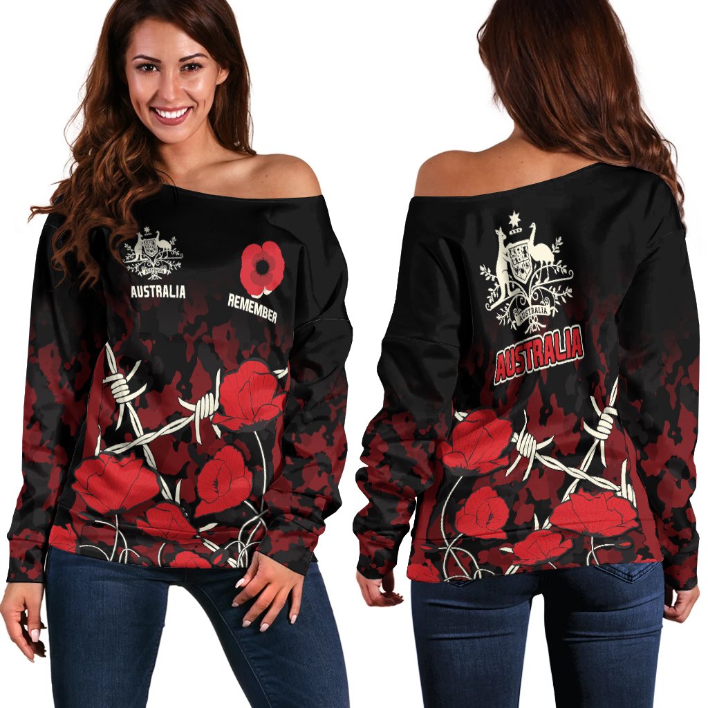 Anzac Off Shoulder Sweater - Anzac with Remembrance Poppy Flower