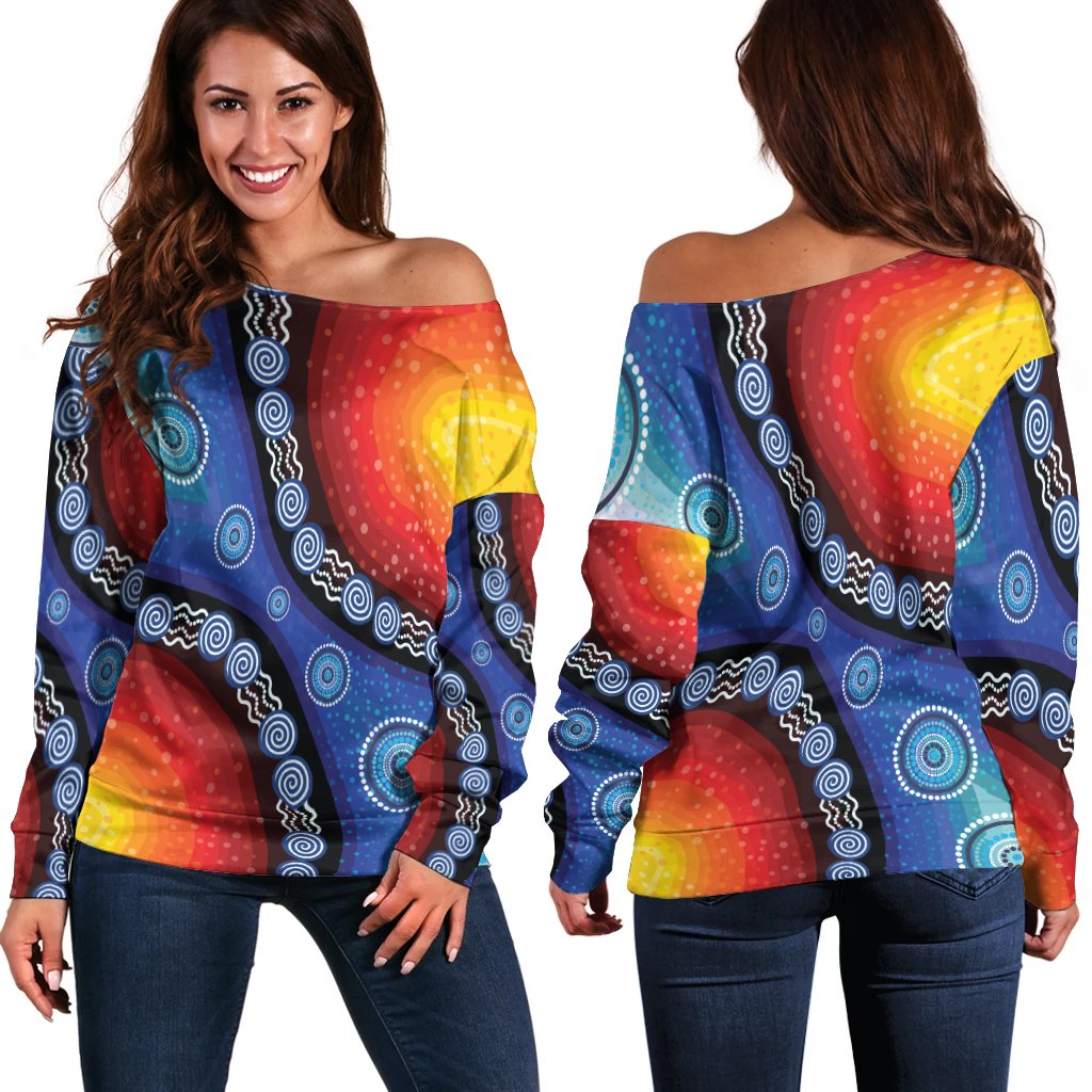 Off Shoulder Sweater - Aboriginal Color Dot Painting