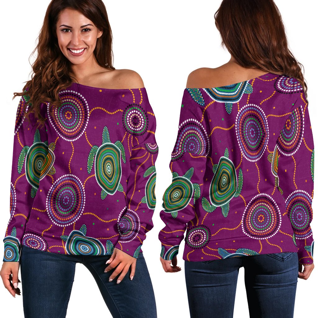 Women Off Shoulder - Aboriginal Turtle Purple Australia Dot Patterns