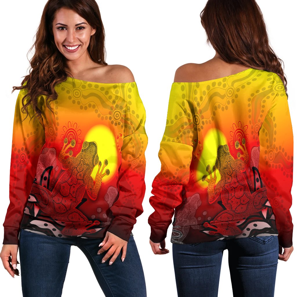 Aboriginal Women's Off Shoulder Sweater - Indigenous Frog (Red)
