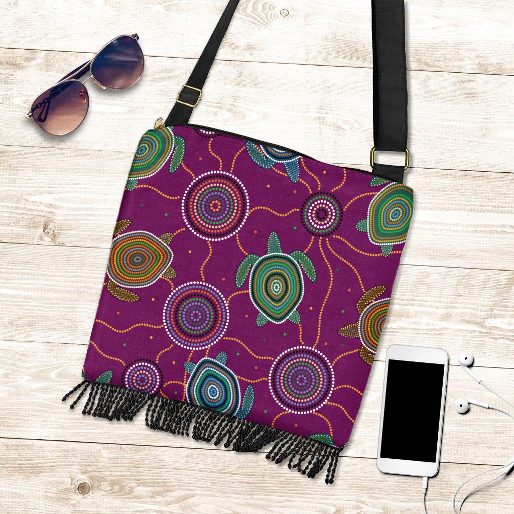 Boho Handbag - Aboriginal Turtle Purple Australia Dot Patterns