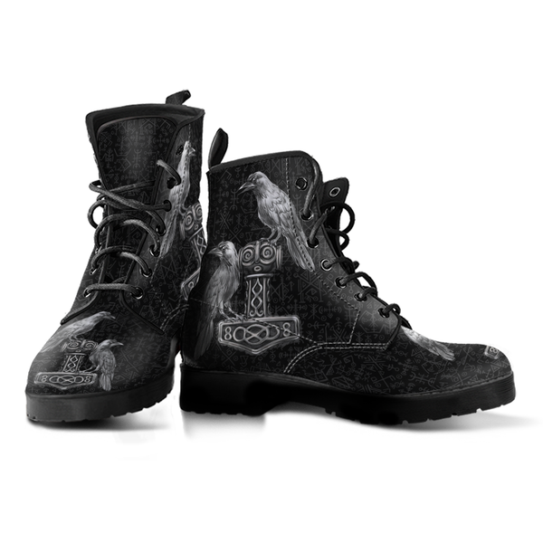 Viking Leather Boots Thor Hammer with Raven Of Odin